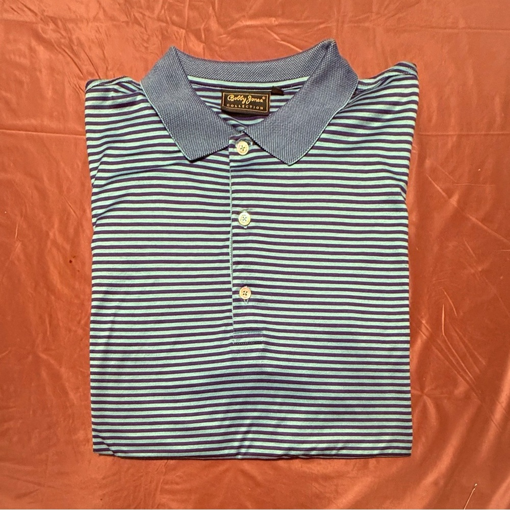 Bobby Jones Navy/Green Striped Golf 100% Cotton Polo Shirt Size Large - Picture 2 of 11